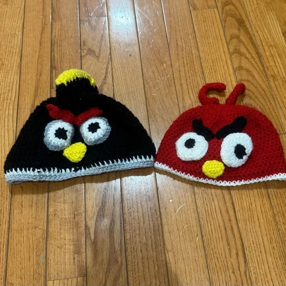 Two Angry Birds hand knit youth beanie hats